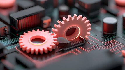 Glowing Pink Gears Meshing on a Dark Circuit Board