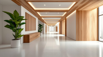 Modern Office Hallway with LED Lighting and Wooden Accents