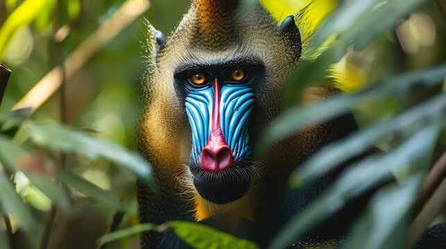 Vibrant mandrill with striking blue and red facial markings sitting in the shade of a thick jungle expressive golden eyes ultra HD wildlife shot