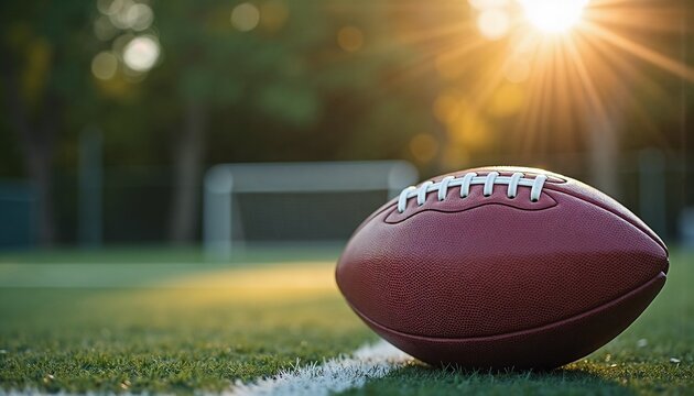American football ball on field at sunset with goalpost in background
