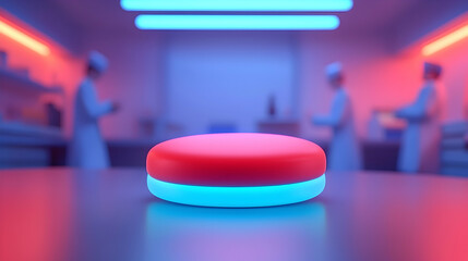 Glowing Red and Blue Button on a Reflective Surface in a Futuristic Laboratory