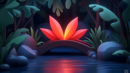 Glowing Red Bridge in Pixel Art Fantasy Forest
