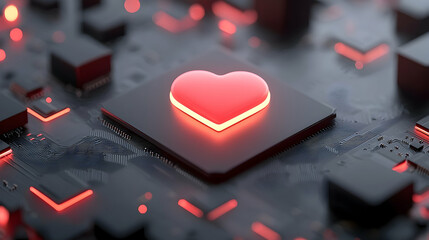 Glowing Red Heart on Dark Circuit Board