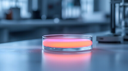 Glowing Red Liquid in Petri Dish in Laboratory Setting