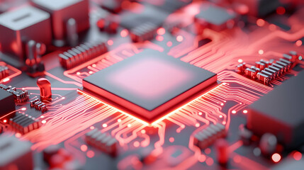 Glowing Red Microchip Circuitry Close Up