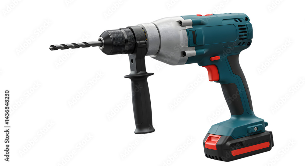 Poster a teal and silver power drill with a bit and handle isolated in studio shot on transparent backgroun