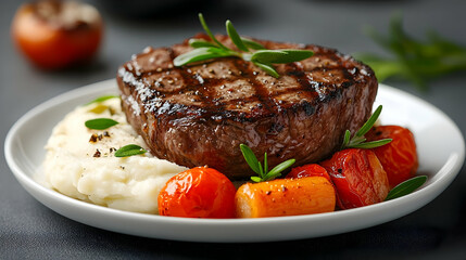 Juicy Grilled Steak with Mashed Potatoes and Roasted Vegetables