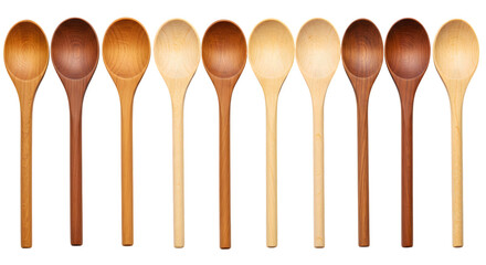 Collection of wooden spoons in varying shades arranged in a straight line on transparent background
