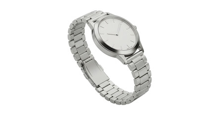 A shiny silver wristwatch with a metal band displayed in a studio setting view on transparent background
