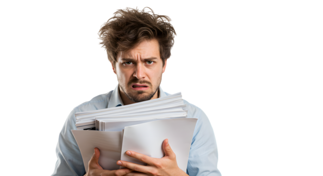 Man with disheveled hair holding a stack of papers looking overwhelmed and stressed on transparent background