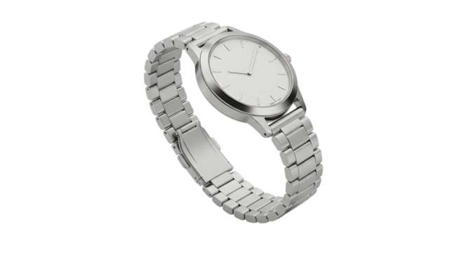 A shiny silver wristwatch with a metal band displayed in a studio setting view on transparent background