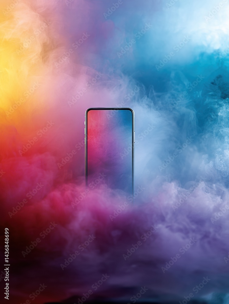 Fototapete Floating Smartphone Enveloped in Colorful Gradient Fog Creates a Dreamy and Surreal Atmosphere for Digital Technology Imagery