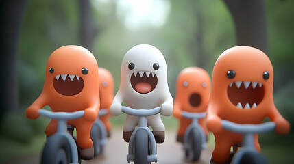 Obraz premium Playful Orange and White Cartoon Monsters Riding Bicycles in a Forest