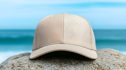 Khaki Snapback Trucker Hat on a Beach Rock