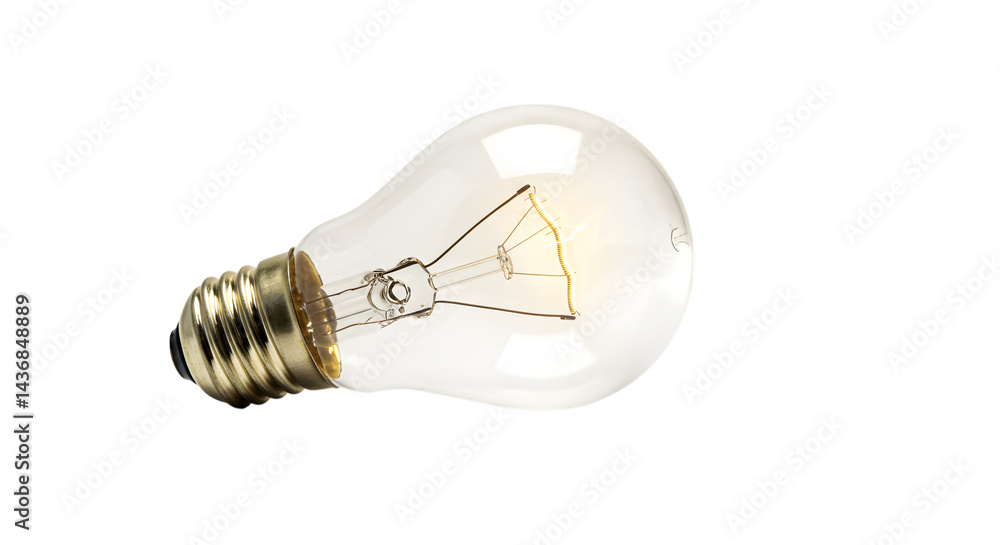 Poster close up shot of a clear lightbulb with a golden base on a plain background on transparent backgroun