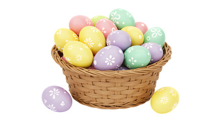 Fototapeta premium Basket filled with pastel easter eggs decorated with floral patterns present on transparent background
