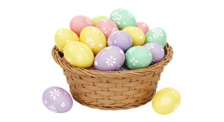 Basket filled with pastel easter eggs decorated with floral patterns present on transparent background