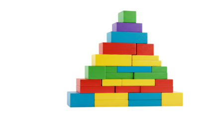 Arrangement of colorful rectangular wooden blocks forming a pyramid shape on transparent background