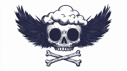 Obraz premium Winged skull with cloud brain, crossbones; graphic design