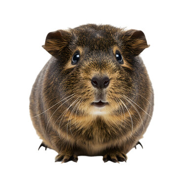 Close up portrait of a brown and tan guinea pig looking directly at the camera on transparent background