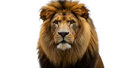 A majestic lion portrait with a golden mane against a simple backdrop view on transparent background