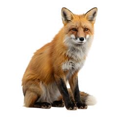 Fototapeta premium A red fox sitting upright with a fluffy tail isolated on a plain backdrop on transparent background