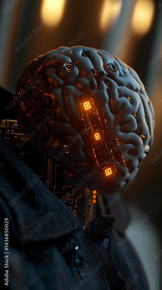 Poster robotic brain with integrated circuits and glowing components