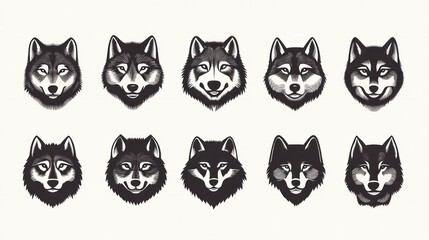 Obraz premium Ten Husky Dog Heads; White Background; Animal Portraits; Design Element