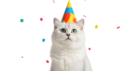 White cat wearing a party hat surrounded by colorful confetti celebration time on transparent background