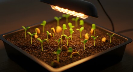 Close up of vibrant green seedlings growing under artificial light perfect for blogs websites and educational materials about gardening horticulture and botany