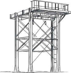 Black and white line drawing of an elevated observation tower with ladder and railings for safety.