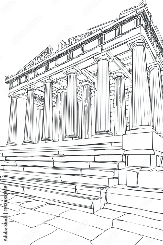 Poster black and white line drawing of an ancient greek temple with tall columns and stone steps in perspec