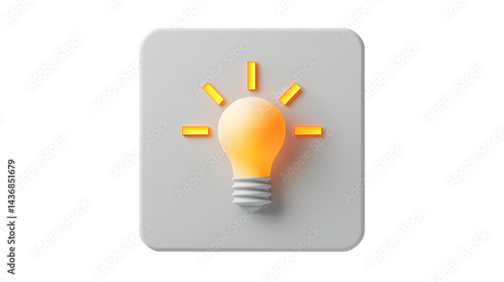 Poster illuminated lightbulb icon with yellow rays on a square light gray surface on transparent background