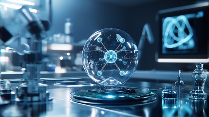 Futuristic Laboratory Glass Globe with Circuitry and Data Visualization on Screen