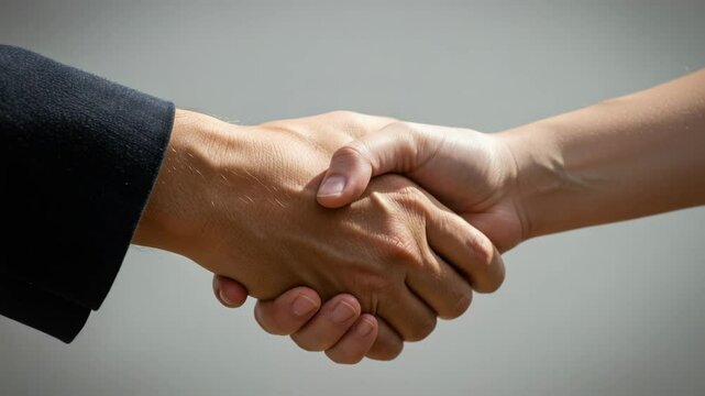 Two hands shaking in agreement against a neutral background  