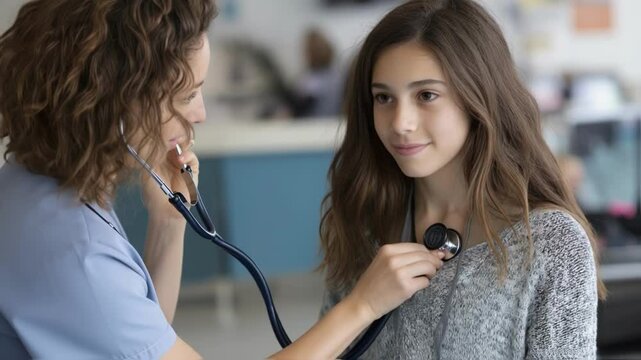 Medical professional listening to teenage patient's heartbeat and breathing during routine pediatric health checkup, using stethoscope for cardiac and respiratory examination