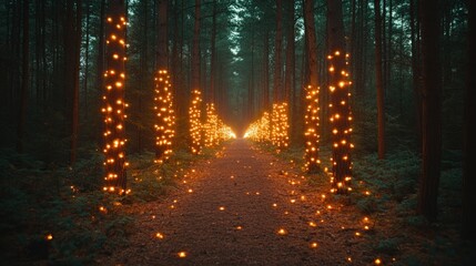 Obraz premium Magical forest path, glowing lights, mystical ambience, event decor