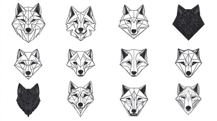 Geometric wolf head designs; white background; graphic art; tattoo or logo inspiration