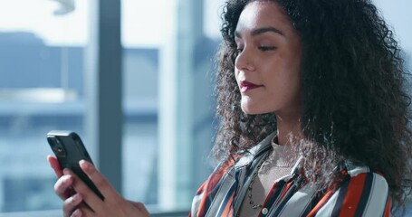 Thinking, happy and woman with smartphone, office and communication for schedule, planning and app. Smile, creative and media strategist with mobile, digital and market research of trends and typing