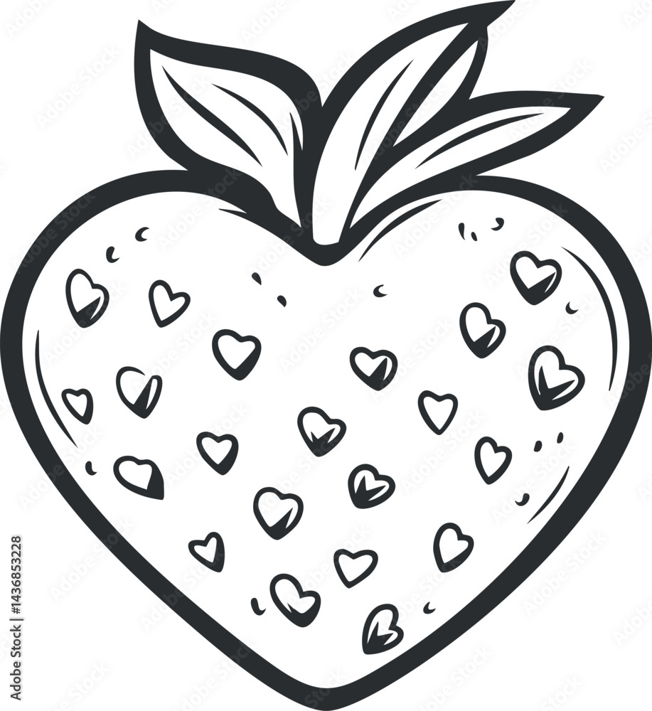 Aufkleber hand drawn black and white outline of a heart shaped object with small heart patterns and leaves on 