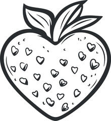 Hand drawn black and white outline of a heart shaped object with small heart patterns and leaves on top