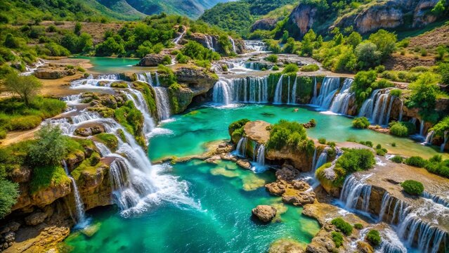 Aerial View of Turquoise Waterfalls, Wadi Darbat, Salalah, Oman: Lush Green Landscape & Dramatic Cliffs