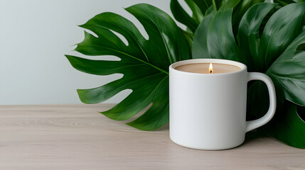 White Mug Candle with Green Leaves on Wooden Table