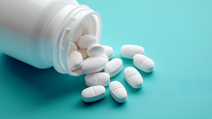White Oval Pills Spilled from Plastic Bottle on Aqua Background