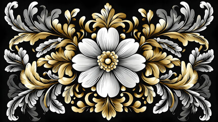 Ornate floral design in gold and silver tones, against a black backdrop.