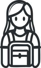 Outline icon of a young female student wearing a backpack, representing education and school
