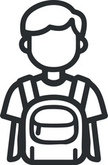 Outline icon of a boy wearing a backpack representing a student or school youth character