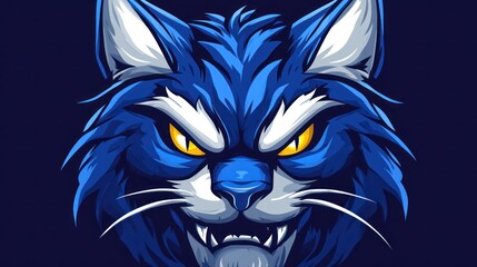 Fototapeta premium Angry blue cat head, dark background, gaming mascot