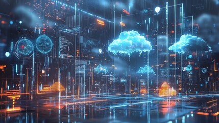 Obraz premium Futuristic Cityscape with Cloud Computing Elements at Night