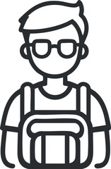 Outline icon of a young person wearing glasses and a backpack, simple black and white design.